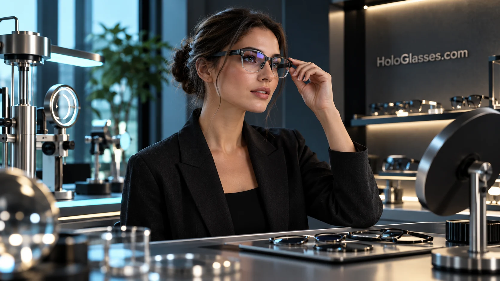 A wearable-display fitting in a carefully lit optical workshop
